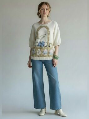 VINTAGE TALBOTS Easter Bunny Basket & Eggs Sweater